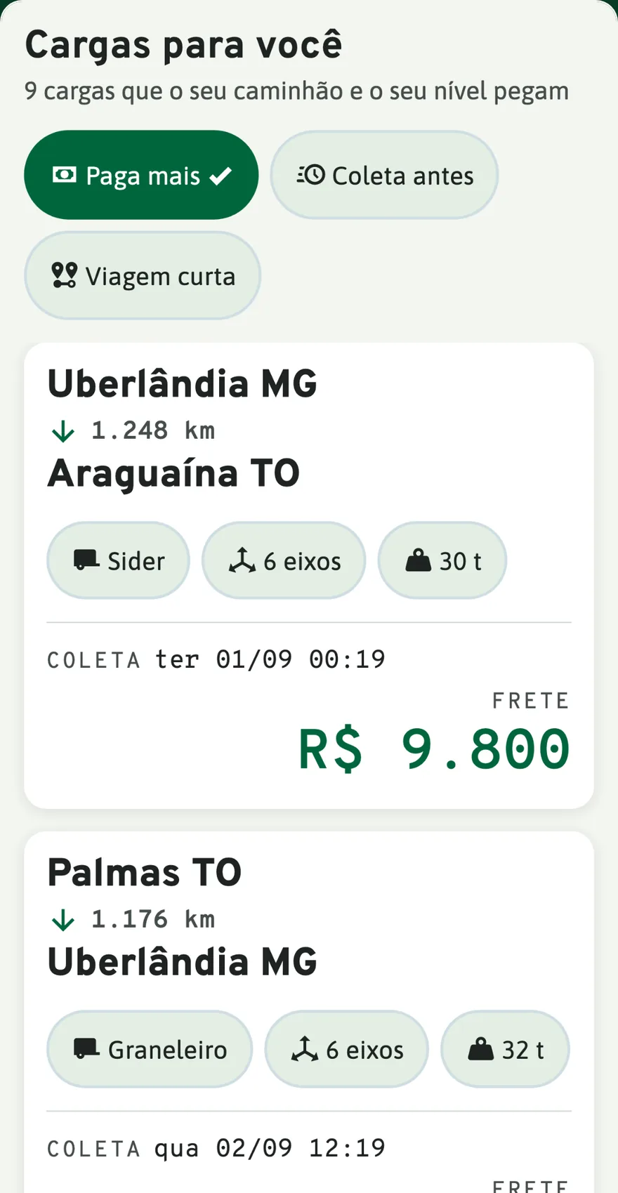 Tela do aplicativo com a lista de cargas que o caminhão do motorista pega, cada uma com origem, destino, carroceria, eixos, peso e o valor que ele recebe
